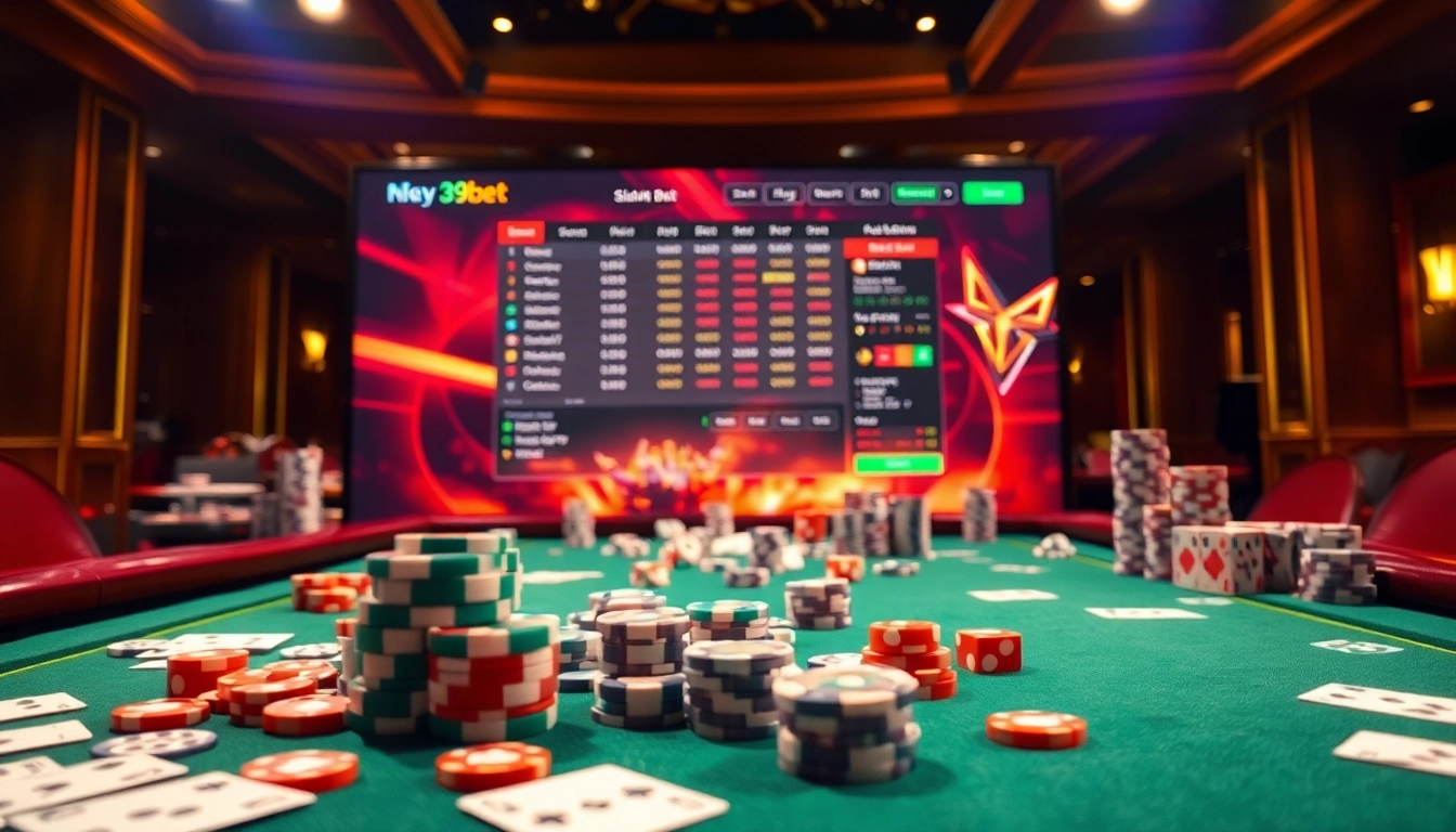 Engaging casino visuals representing nhà cái 39bet excitement with poker chips and cards.