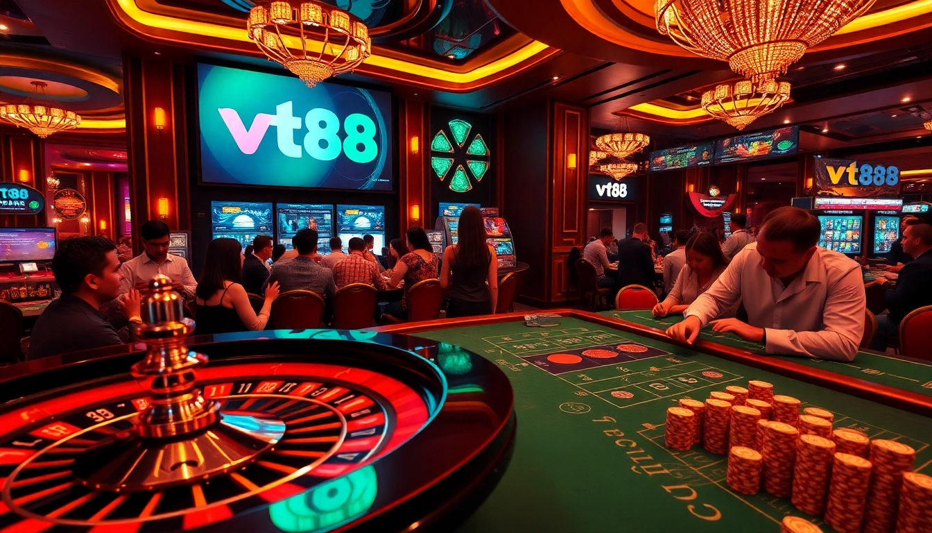 Gamblers enjoying a vibrant casino experience at VT88 with roulette and poker chips creating excitement.