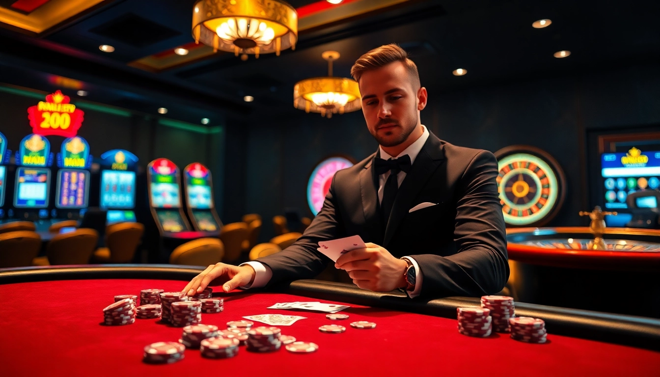 Engaging in dn88 đăng nhập at a luxurious casino with dealer, poker chips, and vibrant slot machines.