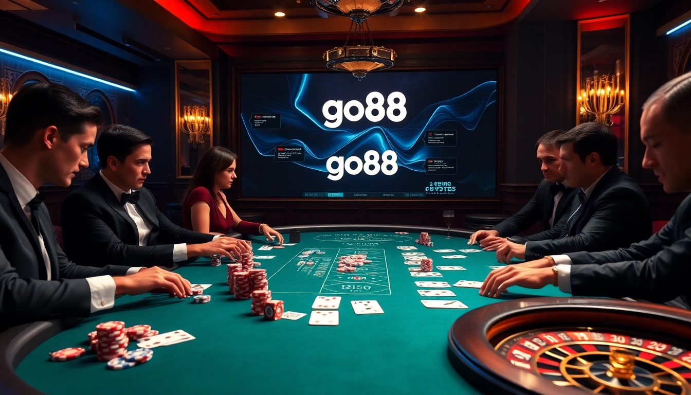 Players engaging in high-stakes poker at a luxurious table featuring go88 gaming elements.