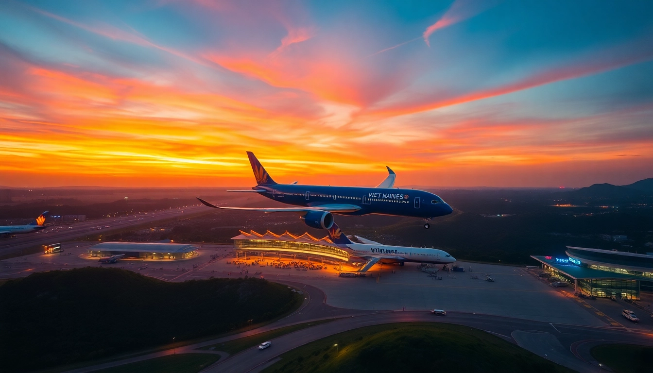 VN168 flight taking off at sunset, capturing Vietnam Airlines' vibrant colors and airport energy.