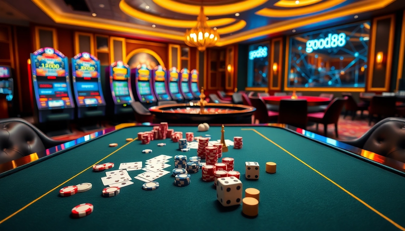 Experience the thrill of good88 in a vibrant casino scene with poker chips and roulette.