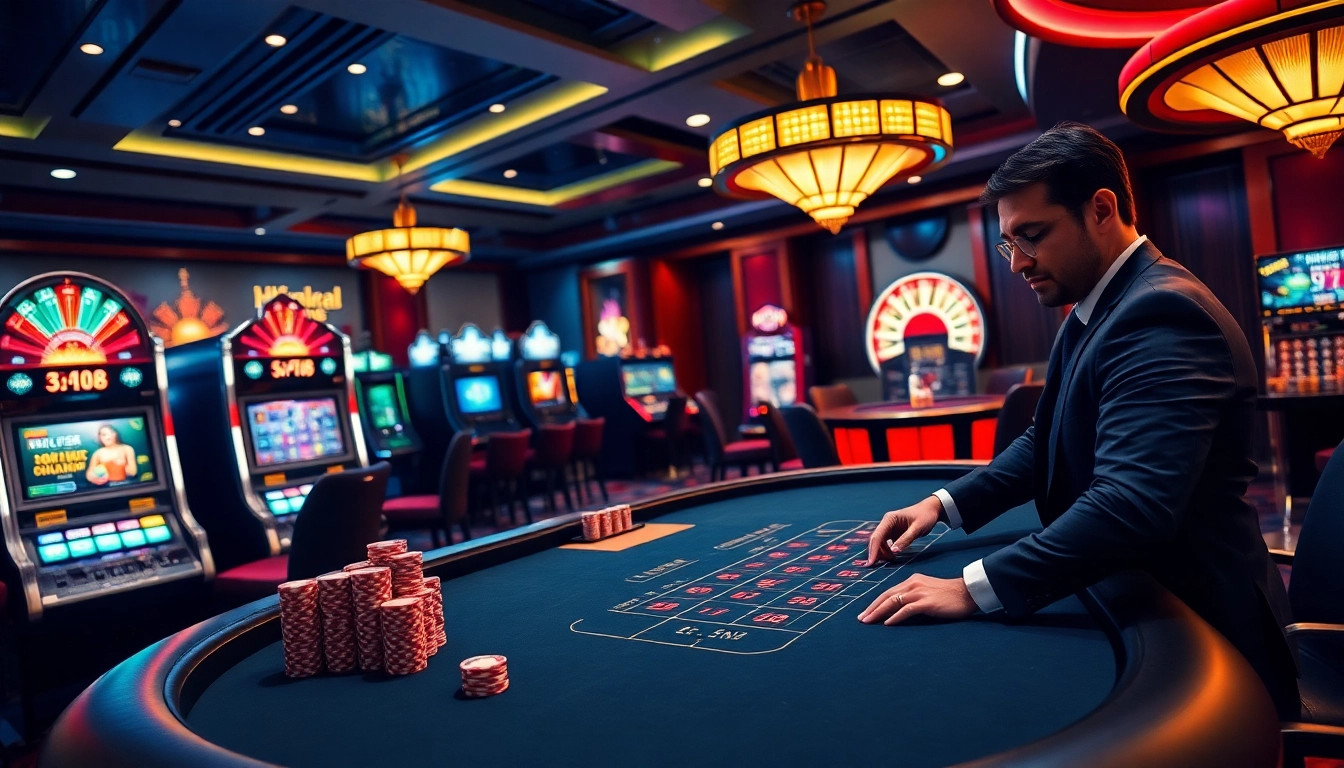 Hello88 gamblers engaging at an elegant casino table featuring chips and cards.