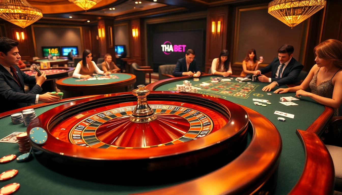 Experience the thrill of THA BET at a luxurious casino with vibrant roulette wheels and excited players.