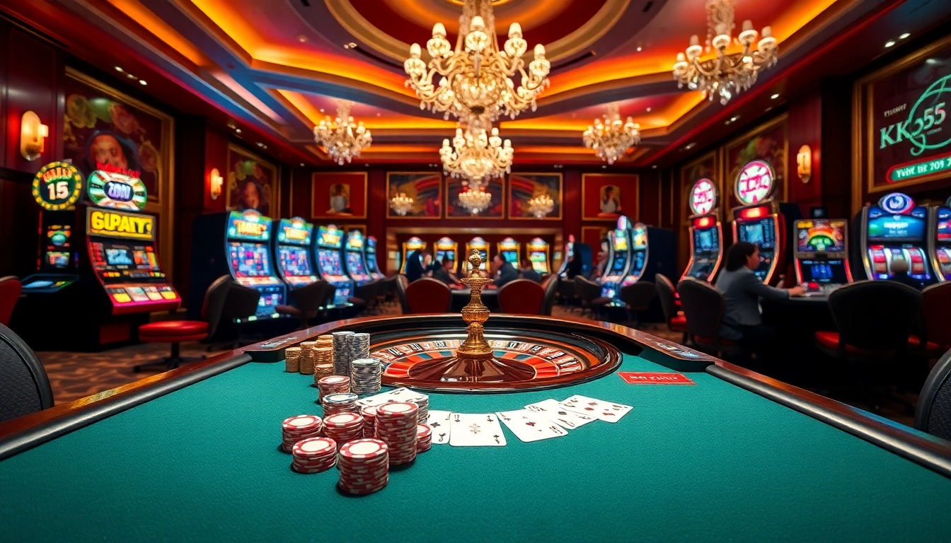 Exciting gaming scene at nhà cái KK55 with poker table, vibrant slots, and elegant decor.