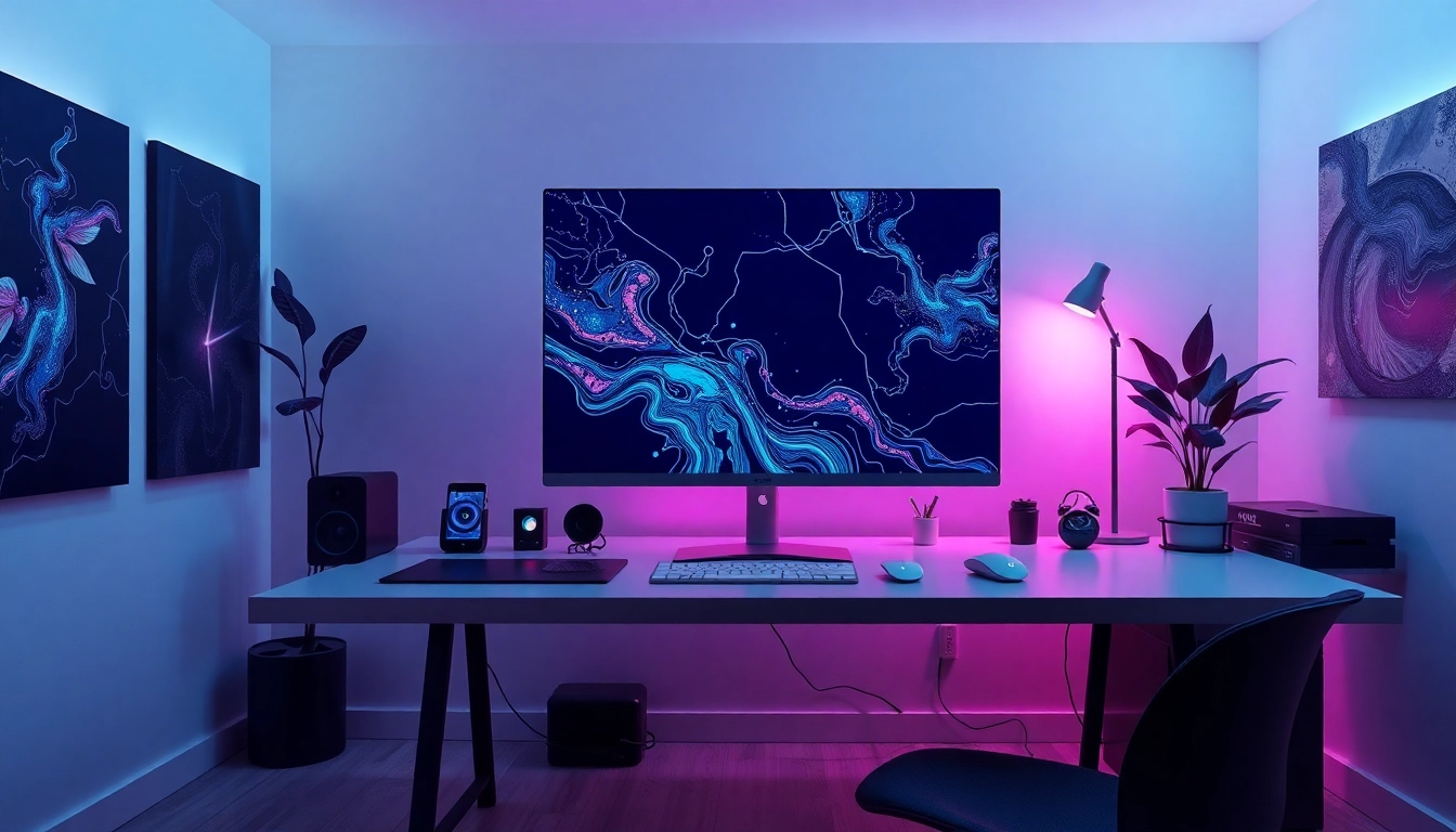 Innovative NSFW AI digital workspace featuring high-tech devices and creative artwork.