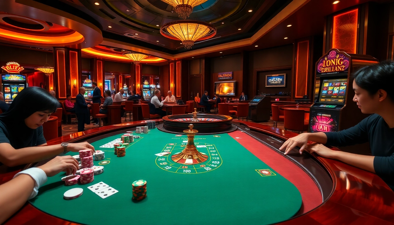 Experience excitement at nhà cái uy tín FLY88 with vibrant poker and roulette tables in a luxurious casino.