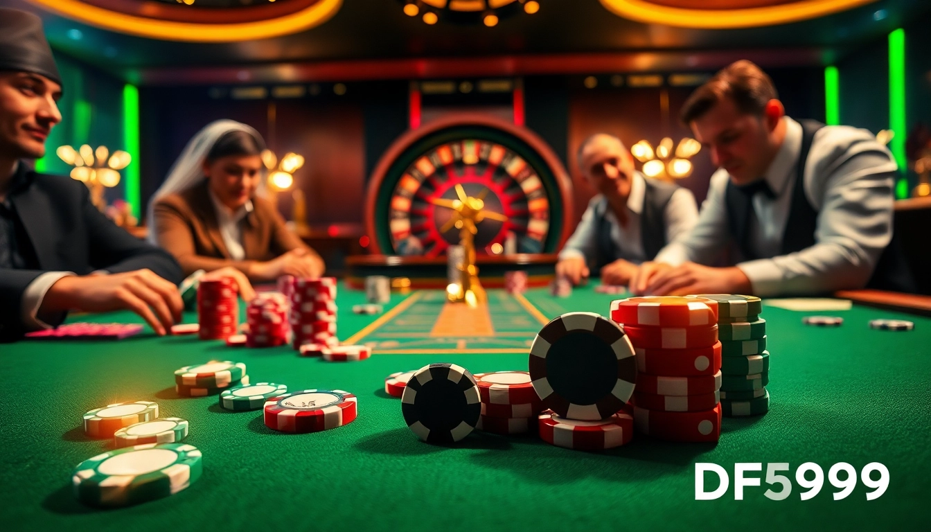 Experience the thrill of high-stakes gambling at DF999, featuring vibrant poker chips and a luxurious roulette wheel.