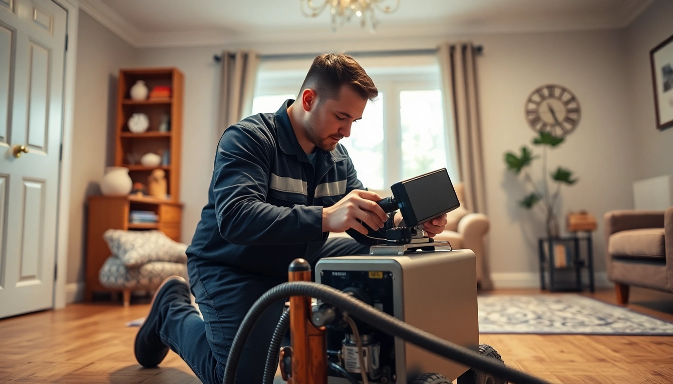 Professional technician conducting a power flush on central heating system.