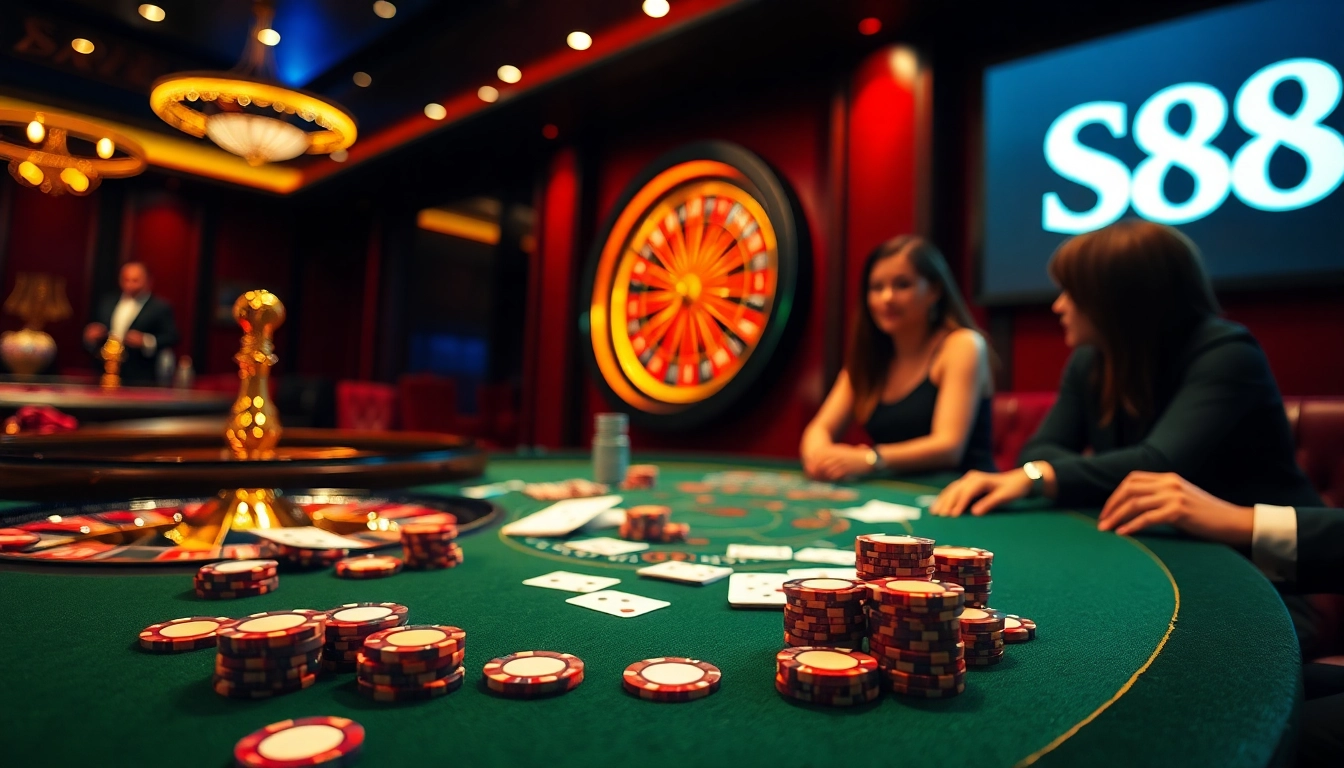 S88 players enjoying a vibrant online casino experience at an elegant gaming table.