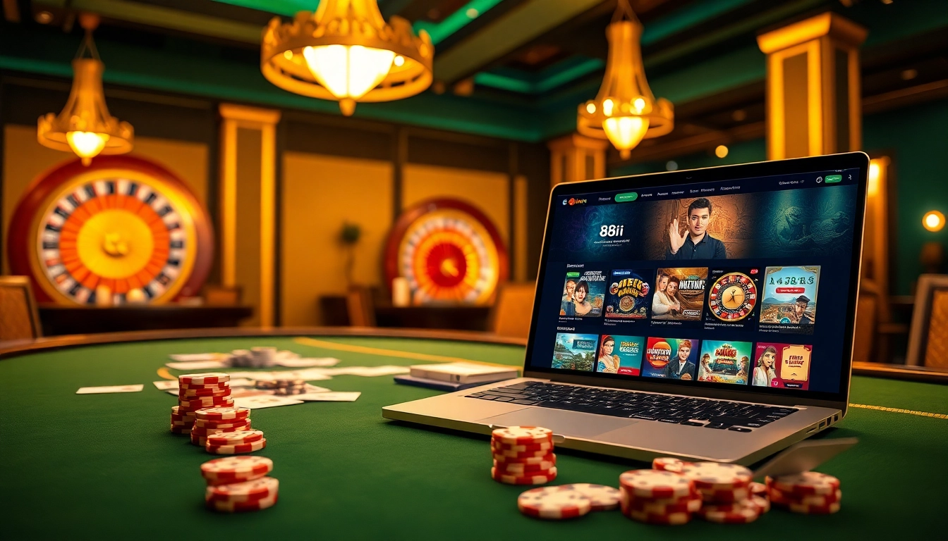 Experience the thrill of link 88i with a stunning poker table and roulette wheel in a vibrant casino setting.