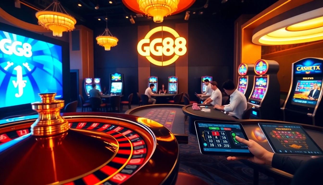 GG88 logo illuminated in a luxurious casino scene, featuring poker tables and a roulette wheel.