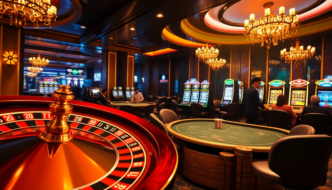 Exciting gambling action at a luxurious casino featuring roulette, poker tables, and bancadoithuong.observer branding.