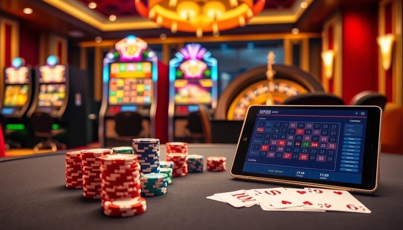 Betting excitement at https://rr88.bar/ with roulette, poker chips, and casino tables in a luxurious setting.