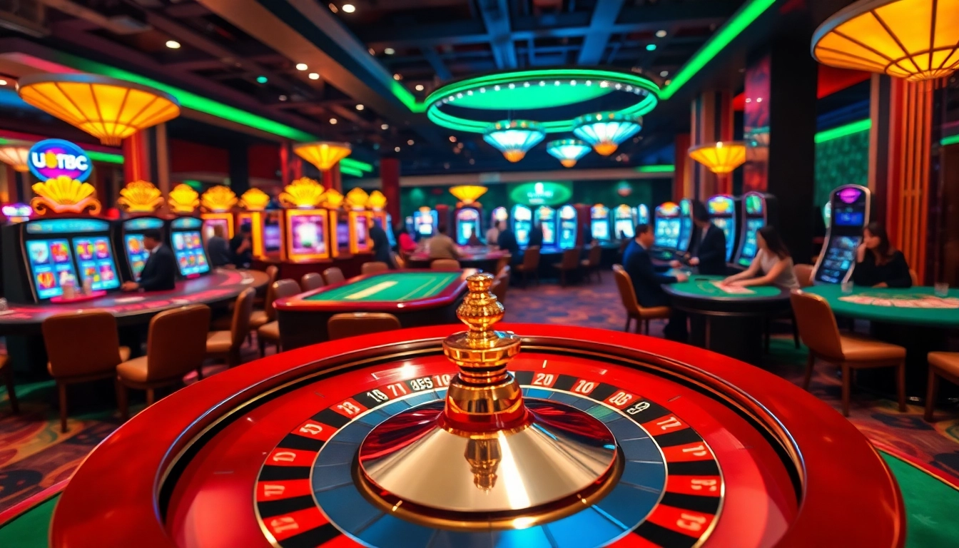 Players enjoying a thrilling game of roulette at nhà cái uu88 casino, surrounded by vibrant machines and excitement.