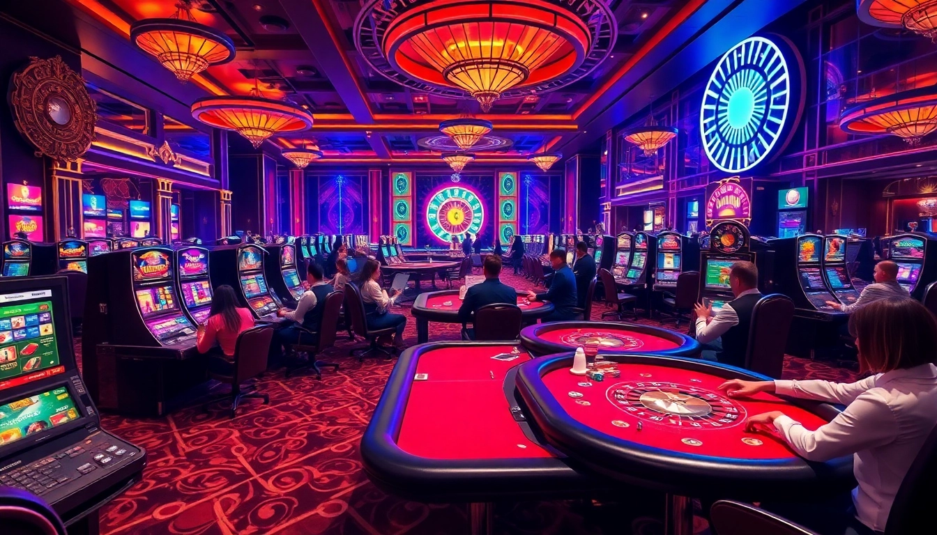 Players enjoying vibrant casino games at gg88com, featuring lively slot machines and poker tables.