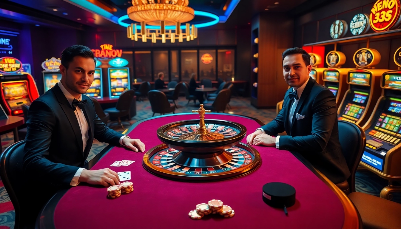 Engaging poker players at AU88's luxurious casino table surrounded by slot machines and roulette excitement.