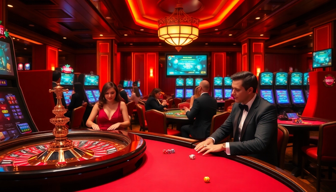 KBBET players celebrate winning at a luxurious casino, surrounded by poker tables, slot machines, and chips.