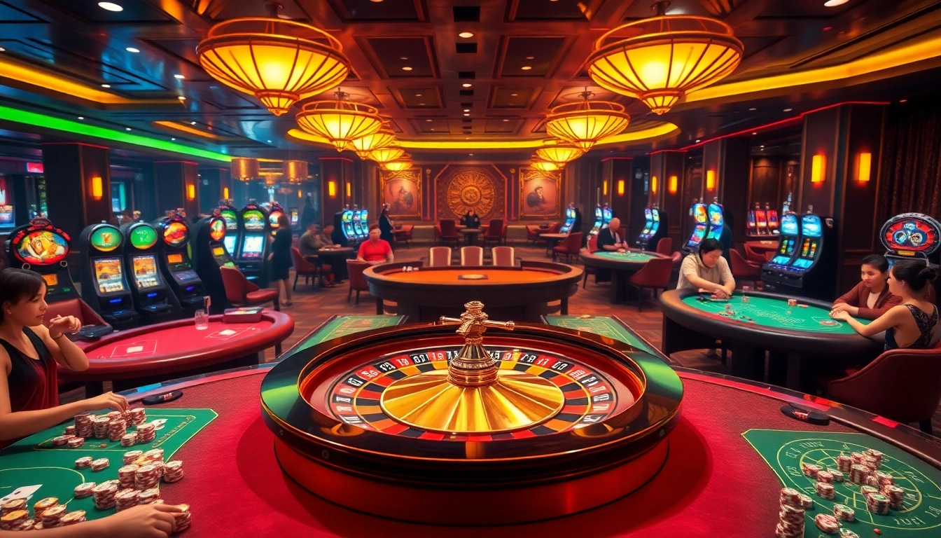 Engaging players at a vibrant casino scene, highlighting excitement at https://xx88.eu.com/ with roulette and poker tables.