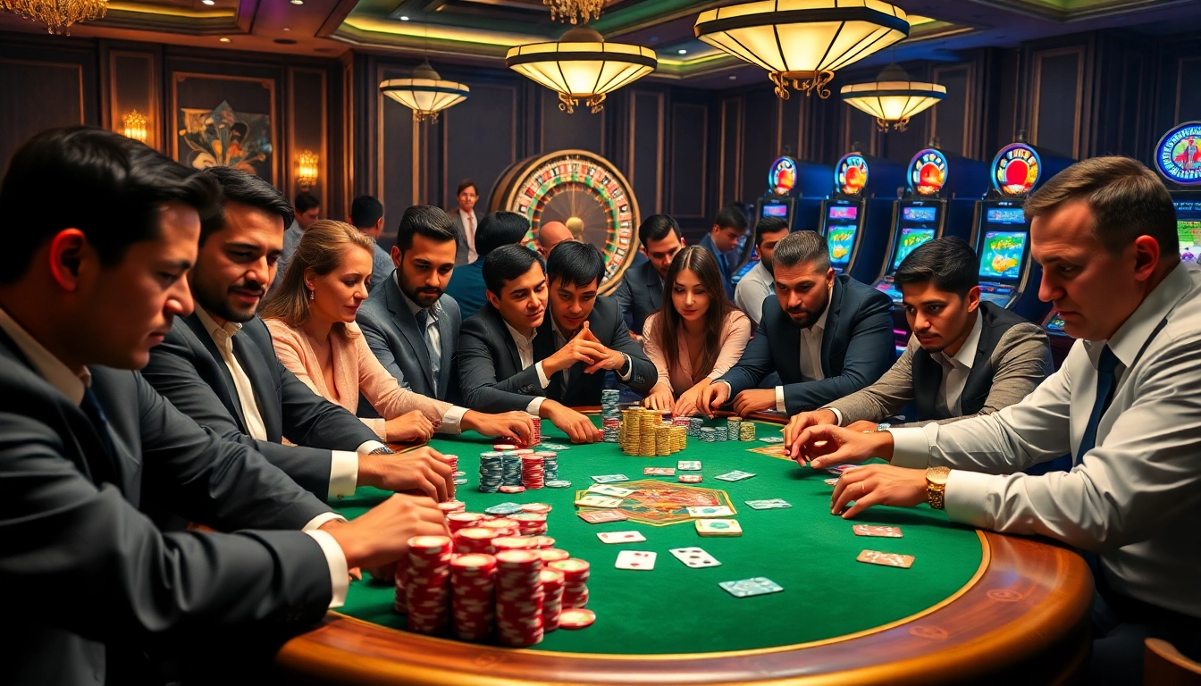 High-stakes poker scene showcasing players at https://hacoolmall.com/ with vibrant chips and cards.