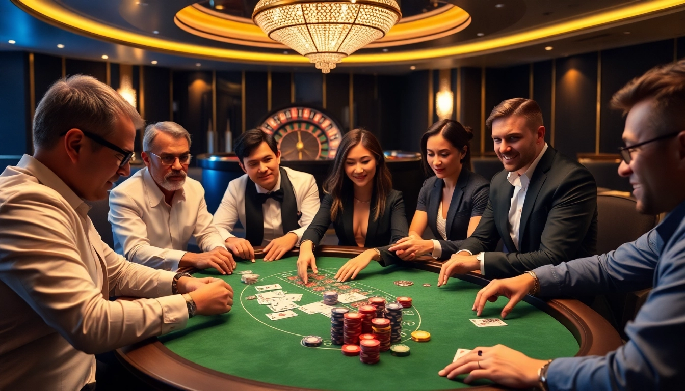 Excited players at a W88 poker table surrounded by vibrant lighting and casino decor.