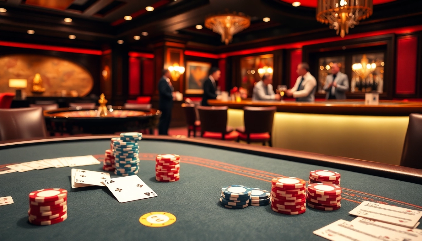 Engaging scene at a casino highlighting Nhà cái uy tín PG99 with poker chips, a roulette wheel, and luxurious ambiance.