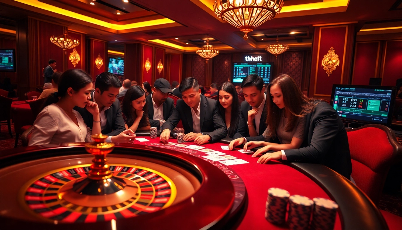 Players enjoying a thrilling game at https://thabetp3.com/ casino with roulette, chips, and cards.