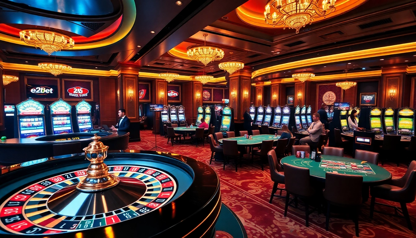 An exciting casino scene featuring e2bet's roulette wheel and poker games, embodying a luxurious gaming experience.