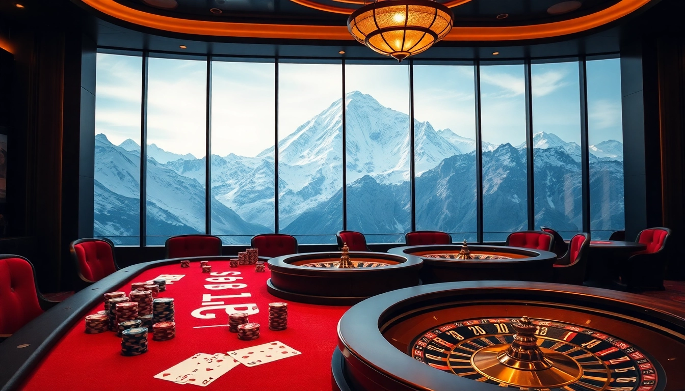 Experience exhilarating gaming at Everest Base Camp-themed casino, featuring stunning mountain views and vibrant poker tables.