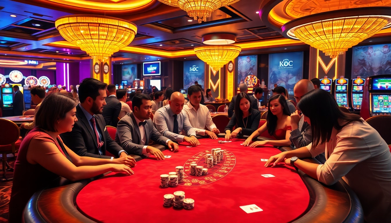 Players enjoying a thrilling poker game at a luxurious casino under the LIÊN MINH KJC brand.