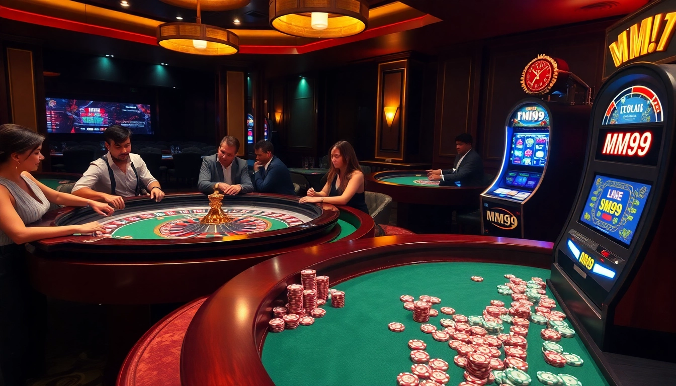 Players engaged in thrilling games at MM99 casino, showcasing vibrant poker chips and a lively roulette table.