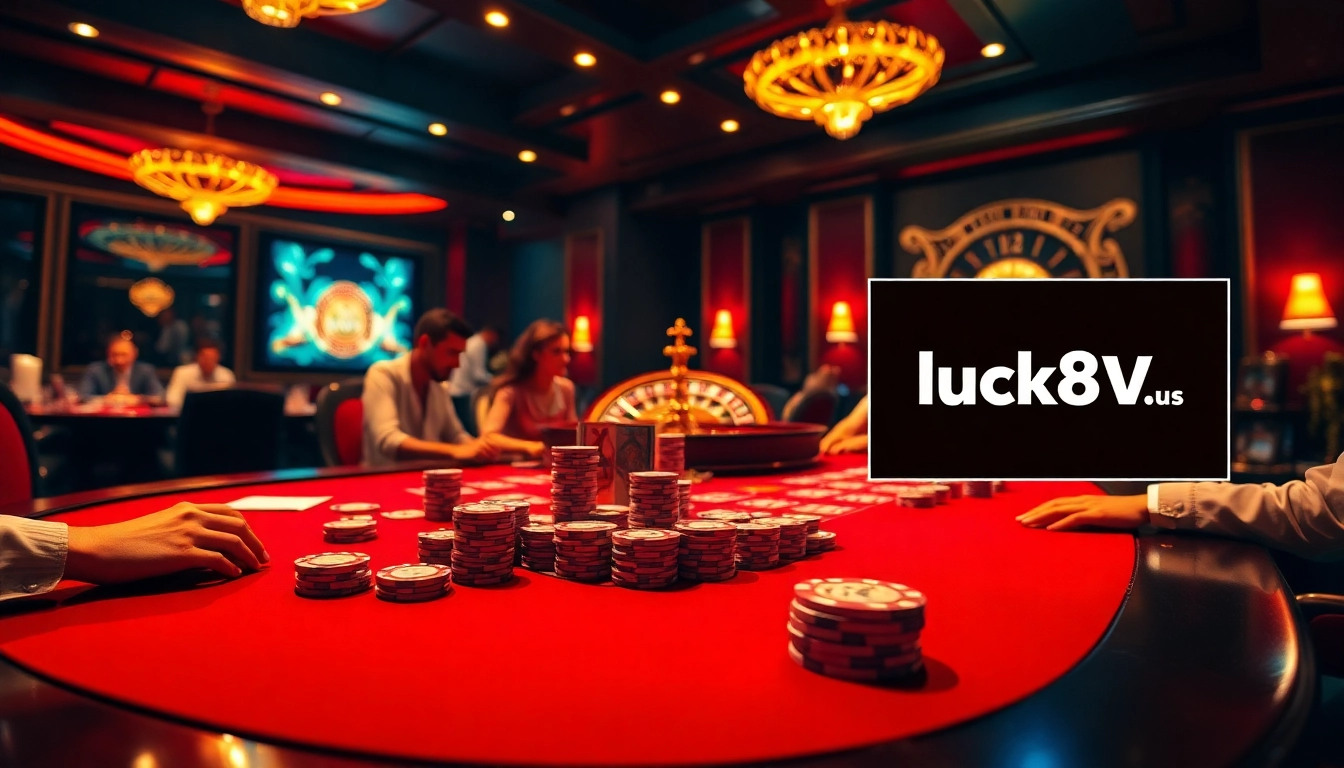 Exciting poker game at https://luck8v.us.com/ with elegant chips and warm lighting.