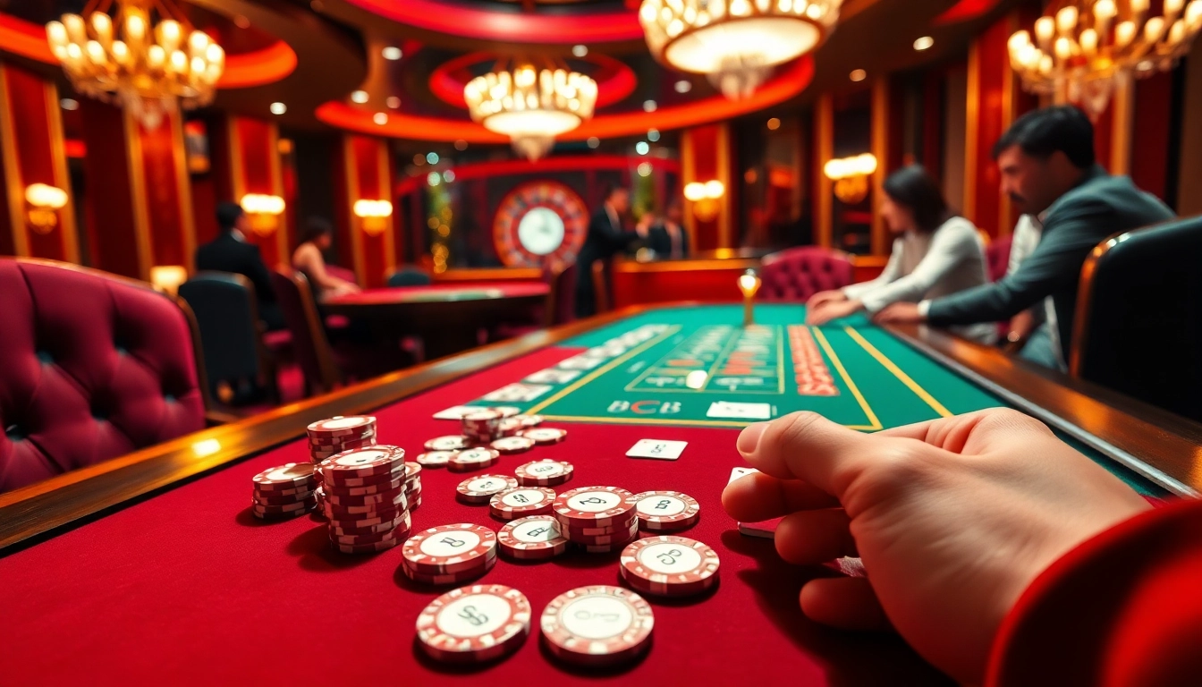 Players enjoying a thrilling game at BJ88's luxurious poker table with vibrant casino elements.