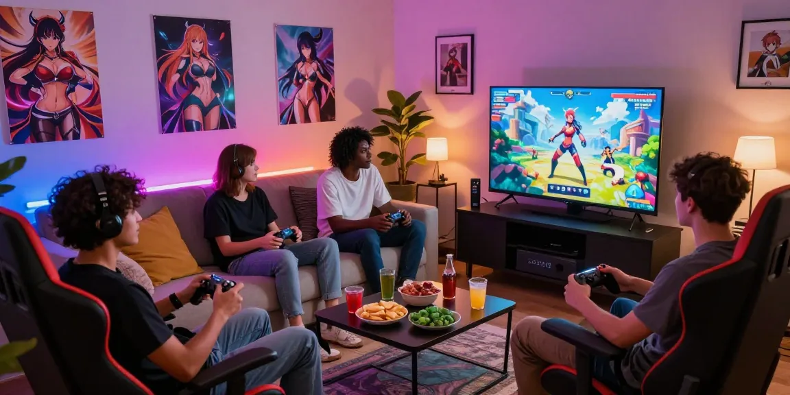 Players having fun in a vibrant living room while enjoying a hentai game on screen.