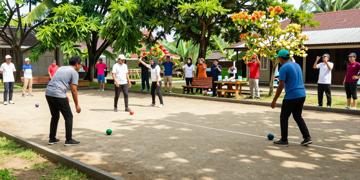 Community petanque match at fopikotapalopo.org showcasing vibrant players, lush surroundings, and lively atmosphere.