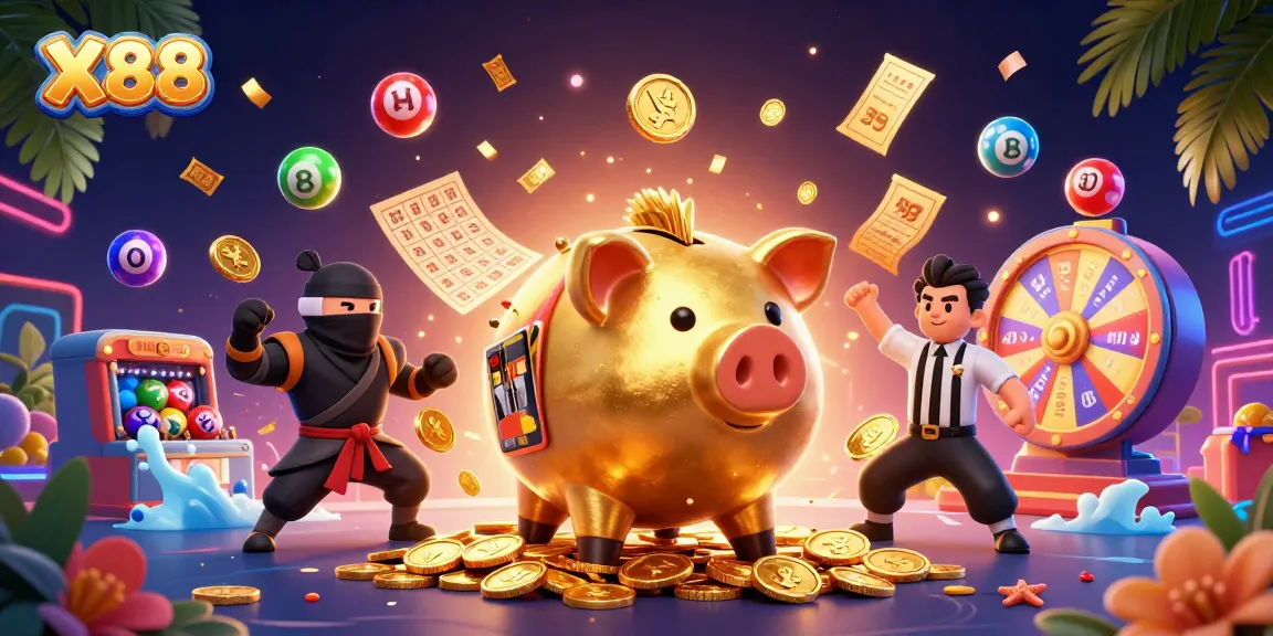 X88 casino excitement depicted with a golden piggy bank sumo wrestler and lively game elements