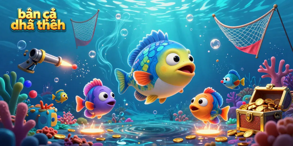 Bắn cá đổi thưởng adventure illustration with vibrant sea creatures and engaging gameplay elements.