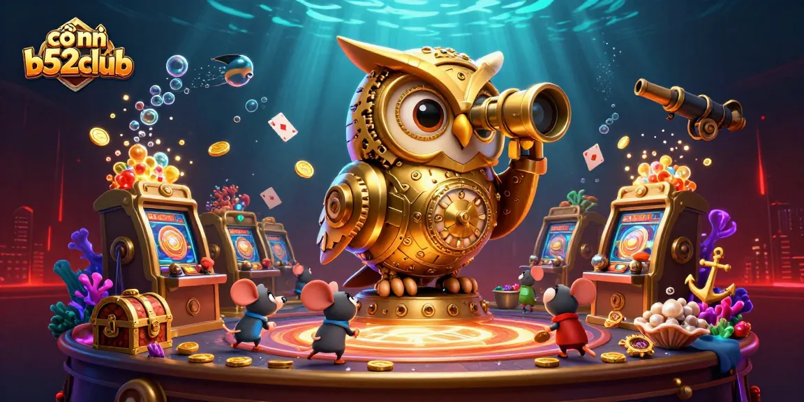 Engage with cổng b52club at a bustling casino floor featuring an owl and mouse patrons surrounded by vibrant gaming elements.