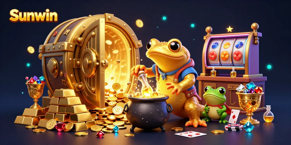 Sunwin offers thrilling casino experiences with vibrant 3D illustrations of games, gold coins, and treasures.