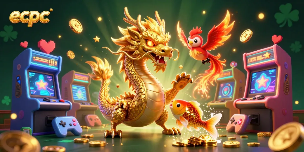 Engage in thrilling gameplay at ecpc with a fierce dragon, phoenix, and koi fish amidst casino elements.