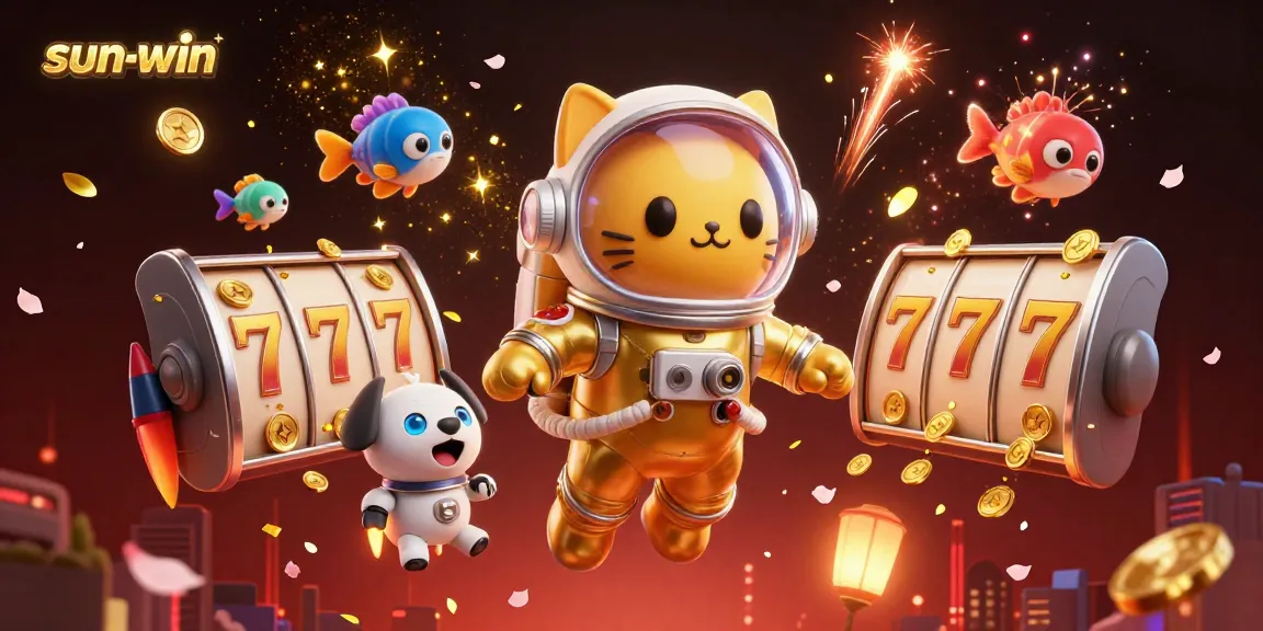 Experience the excitement of sun-win with a vibrant 3D casino scene featuring a cat astronaut amidst slot reels and cosmic wonders.