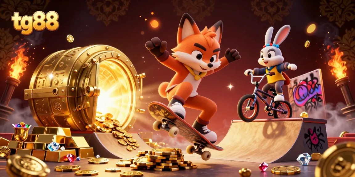 Tg88 provides exciting gambling experiences with vibrant 3D illustrations featuring foxes and rabbits in casino action.
