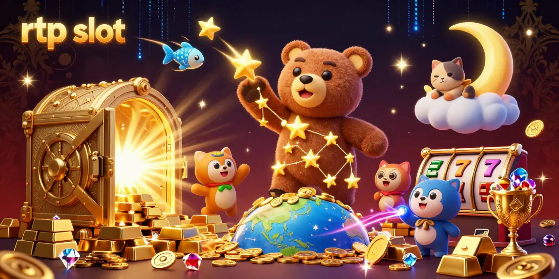 Engage with rtp slot action in a vibrant casino-themed 3D scene featuring stars and treasures.