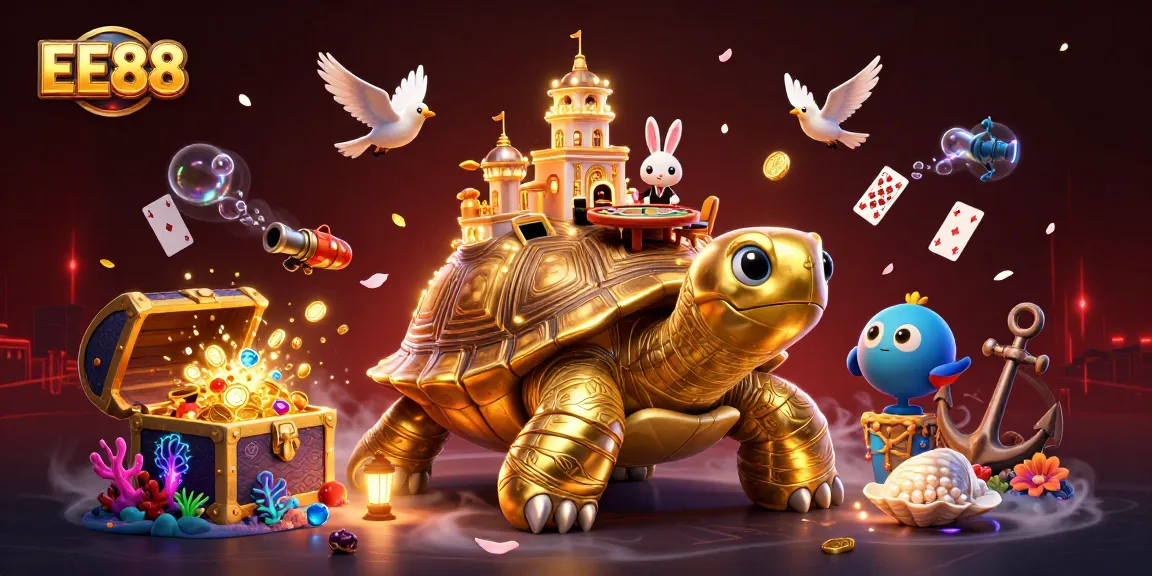 EE88 features an exciting casino scene with a golden tortoise and vibrant game elements.